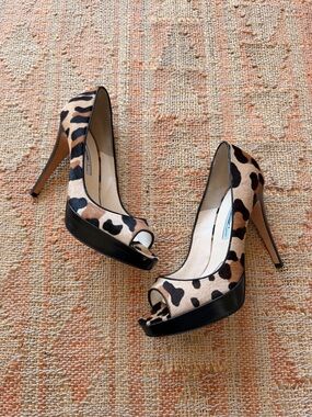 Brian Atwood Animal Print Pony Hair Platform Stiletto Open Toe Heels Size 38